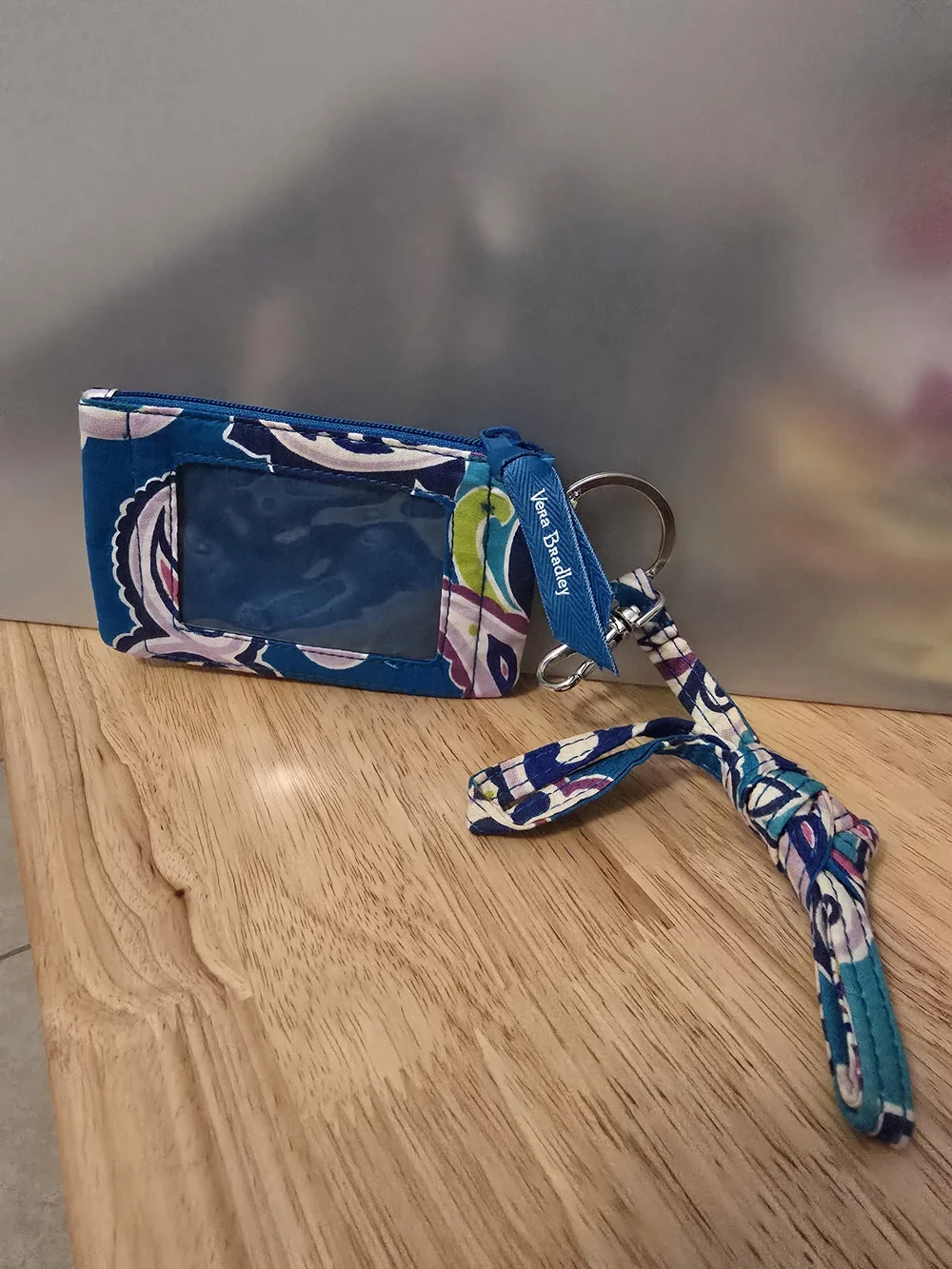 Vera Bradley Teal Floral ID Wallet with Lanyard and Keyring